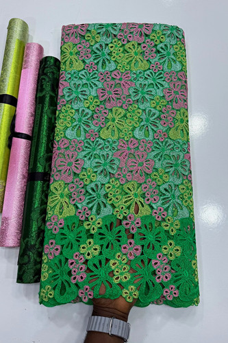 Green pink gold floral gupiure - green,